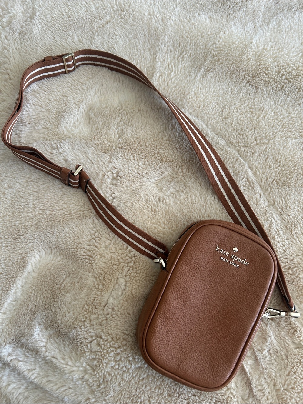 kate spade brown pebbled leather belt bag with striped strap